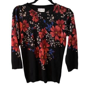 VTG Rebecca Malone Black Floral Rhinestone Knit Sweater Top 3/4 Sleeve Women's